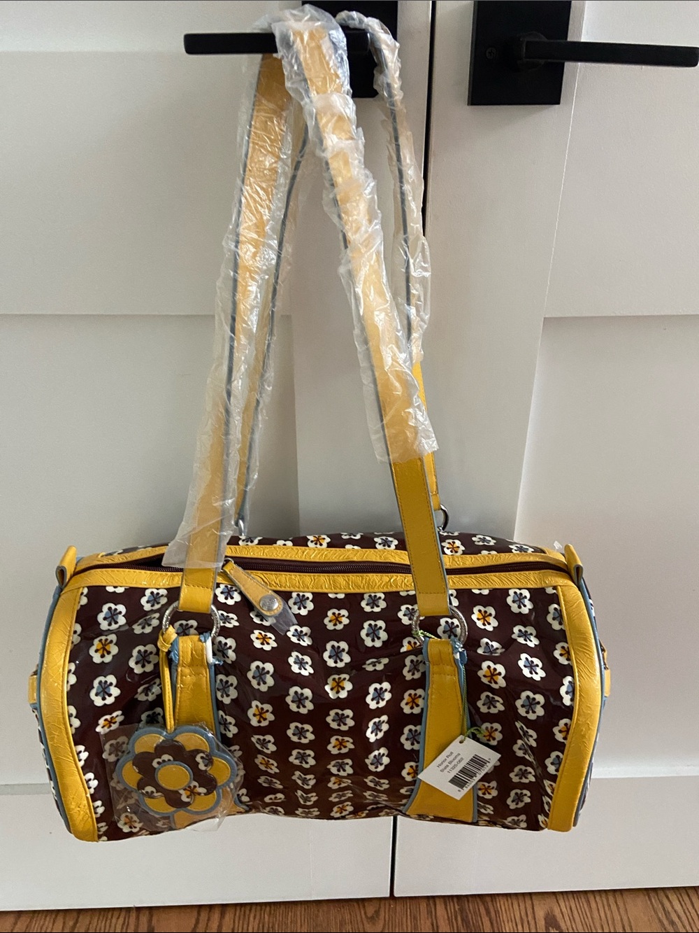 Yellow Trim Brown Floral Barrel Travel Bag for Women